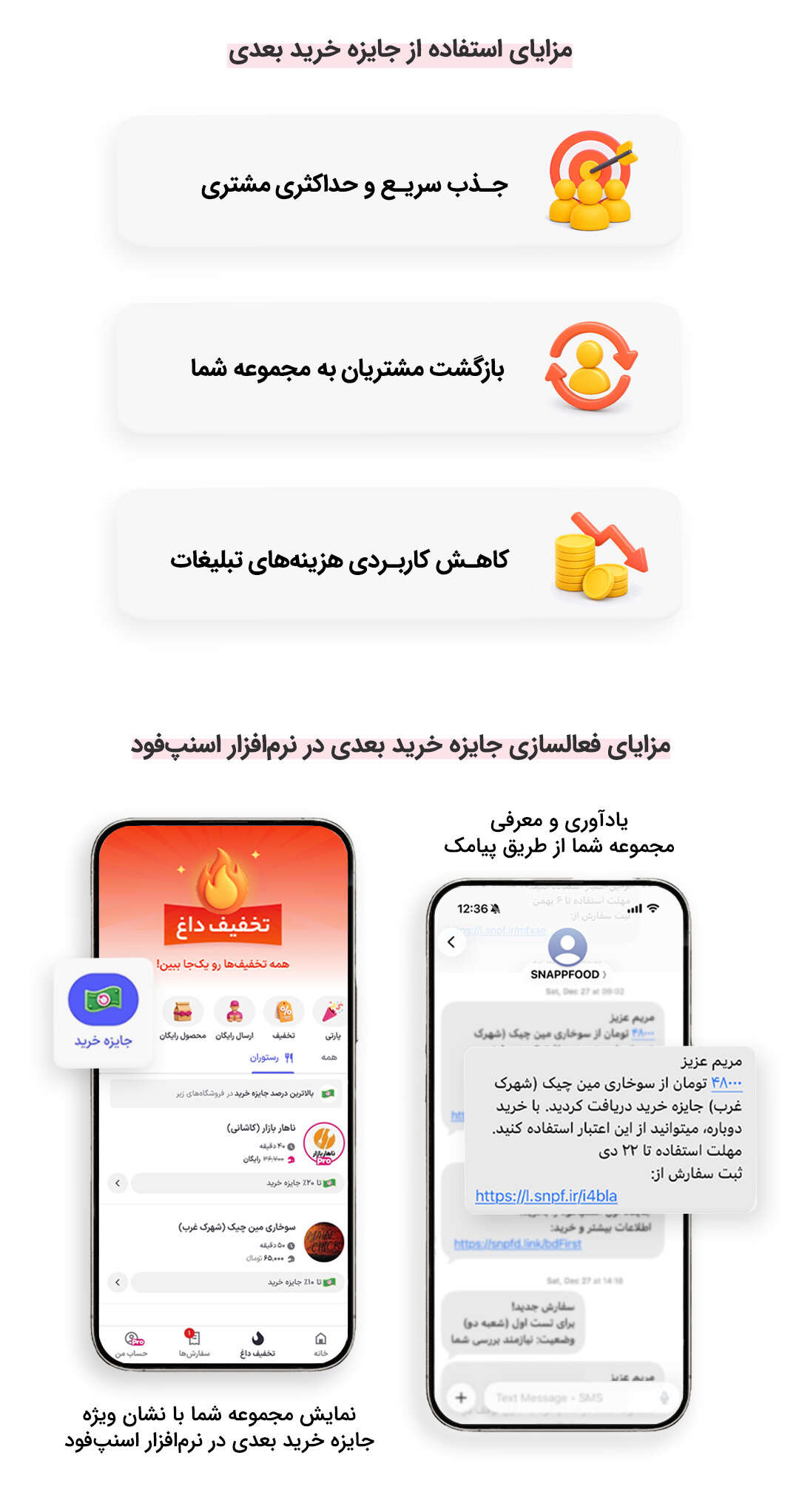 ترغیب مشتریان برای خرید مجدد با قابلیت «جایزه خرید بعدی» - آکادمی همکاران اسنپ فود-راهکارهای افزایش فروش ترغیب مشتریان برای خرید مجدد با قابلیت «جایزه خرید بعدی» - جایزه خرید بعدی یا کشبک، روشی برای تشویق مشتری به خرید دوباره است. در این سرویس، بخشی از مبلغ خرید به مشتری برمیگردد تا فقط در سفارش بعدی از فروشگاه شما استفاده کند. اسنپفود این قابلیت را برای افزایش بازگشت مشتری و رشد فروش مجموعهها ارائه میدهد.
