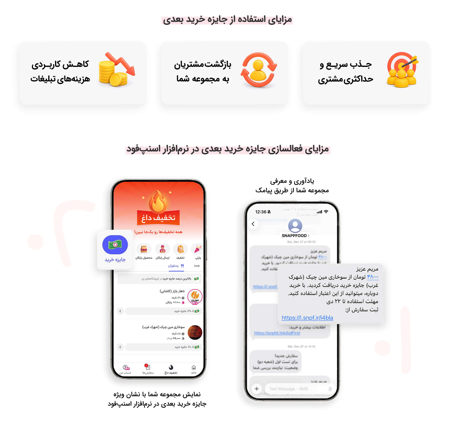 ترغیب مشتریان برای خرید مجدد با قابلیت «جایزه خرید بعدی» - آکادمی همکاران اسنپ فود-راهکارهای افزایش فروش ترغیب مشتریان برای خرید مجدد با قابلیت «جایزه خرید بعدی» - جایزه خرید بعدی یا کشبک، روشی برای تشویق مشتری به خرید دوباره است. در این سرویس، بخشی از مبلغ خرید به مشتری برمیگردد تا فقط در سفارش بعدی از فروشگاه شما استفاده کند. اسنپفود این قابلیت را برای افزایش بازگشت مشتری و رشد فروش مجموعهها ارائه میدهد.