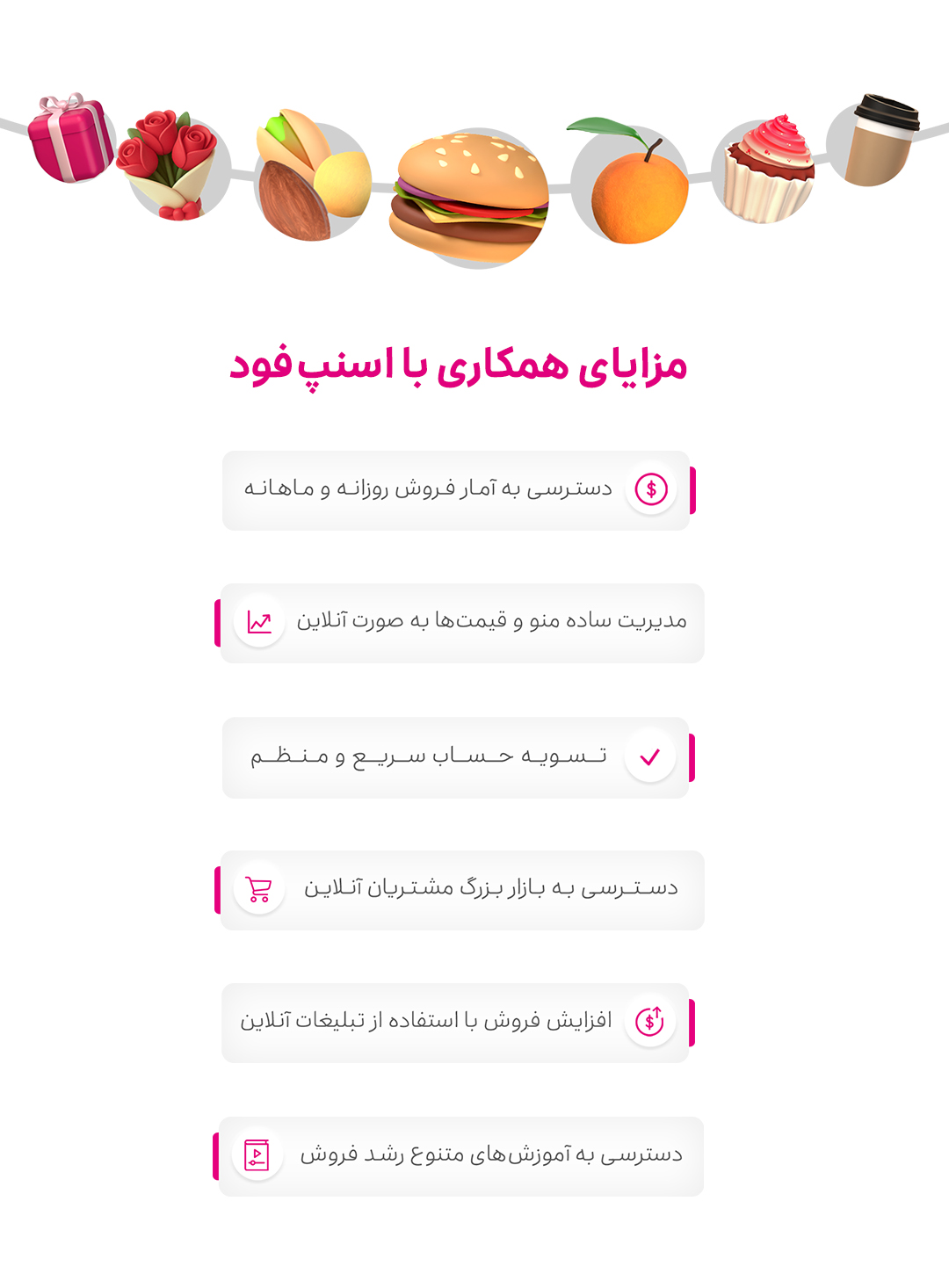 صفحه اصلی - استفاده از پتانسیل قوی اسنپ فود با میلیون‌ها کاربر و همچنین فعالیت صحیح در آن موجب افزایش فروش و درآمد مجموعه‌های عضو آن خواهد شد. به همین منظور بستری مناسب به نام "آکادمی همکاران اسنپ‌فود" ایجاد شد، تا مجموعه‌ها و فروشنده‌های همکار اسنپ‌فود بتوانند با بهره‌مند شدن از  آموزش‌های مختلف مثل: مدیریت پروفایل مجموعه و استفاده از خدمات ارتقای فروش بتوانند در نزد کاربران محبوبیت بیشتری داشته باشند.علاوه بر موارد ذکر شده، آموزش های تخصصی نرم‌افزارهای ارتباطی بین اسنپ فود و مجموعه‌ها مثل: فودپارتنر و سفارش‌گیری به طور کامل و با بیان همه جزئیات در آکادمی همکاران ارائه شده است.