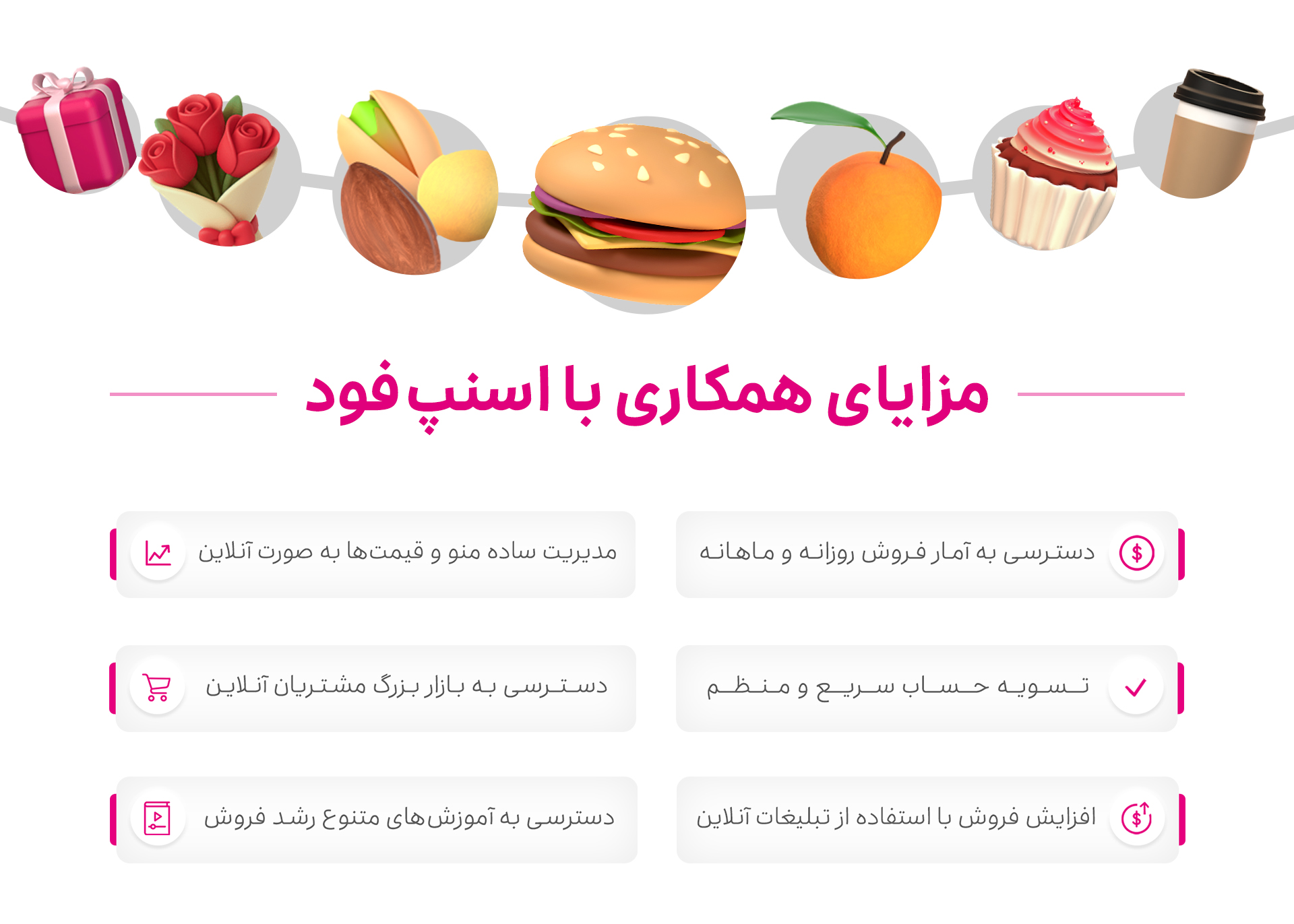 صفحه اصلی - استفاده از پتانسیل قوی اسنپ فود با میلیون‌ها کاربر و همچنین فعالیت صحیح در آن موجب افزایش فروش و درآمد مجموعه‌های عضو آن خواهد شد. به همین منظور بستری مناسب به نام "آکادمی همکاران اسنپ‌فود" ایجاد شد، تا مجموعه‌ها و فروشنده‌های همکار اسنپ‌فود بتوانند با بهره‌مند شدن از  آموزش‌های مختلف مثل: مدیریت پروفایل مجموعه و استفاده از خدمات ارتقای فروش بتوانند در نزد کاربران محبوبیت بیشتری داشته باشند.علاوه بر موارد ذکر شده، آموزش های تخصصی نرم‌افزارهای ارتباطی بین اسنپ فود و مجموعه‌ها مثل: فودپارتنر و سفارش‌گیری به طور کامل و با بیان همه جزئیات در آکادمی همکاران ارائه شده است.